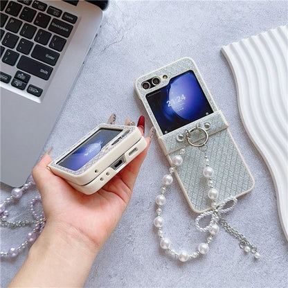 For Samsung Galaxy Z Flip6 5G Case Glitter Lattice Leather+PC Phone Cover with Beaded Wrist Strap