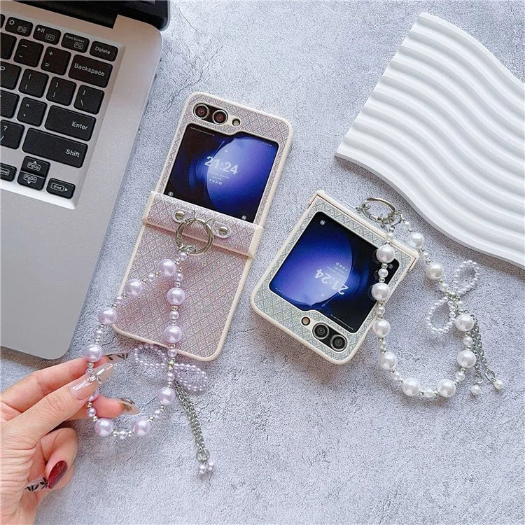 For Samsung Galaxy Z Flip6 5G Case Glitter Lattice Leather+PC Phone Cover with Beaded Wrist Strap