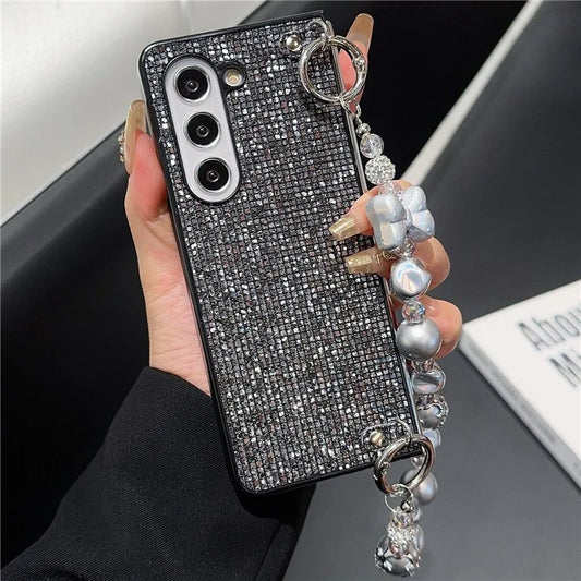 For Samsung Galaxy Z Fold6 5G Case Glitter Leather+PC Phone Cover with Beaded Strap
