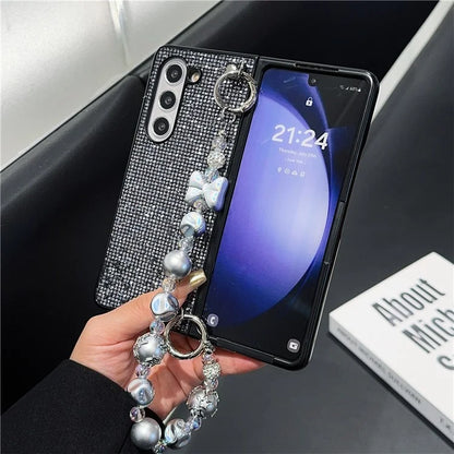 For Samsung Galaxy Z Fold6 5G Case Glitter Leather+PC Phone Cover with Beaded Strap