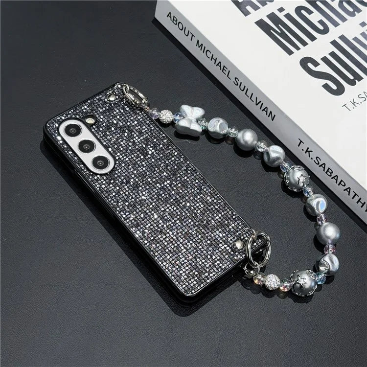 For Samsung Galaxy Z Fold6 5G Case Glitter Leather+PC Phone Cover with Beaded Strap