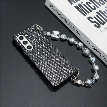 For Samsung Galaxy Z Fold6 5G Case Glitter Leather+PC Phone Cover with Beaded Strap