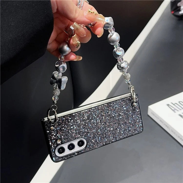 For Samsung Galaxy Z Fold6 5G Case Glitter Leather+PC Phone Cover with Beaded Strap