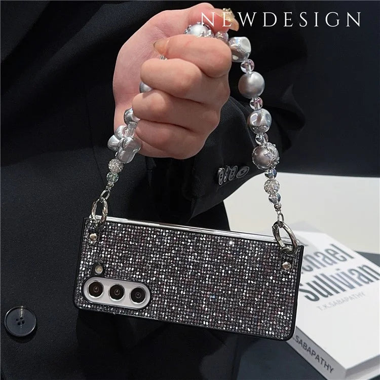 For Samsung Galaxy Z Fold6 5G Case Glitter Leather+PC Phone Cover with Beaded Strap