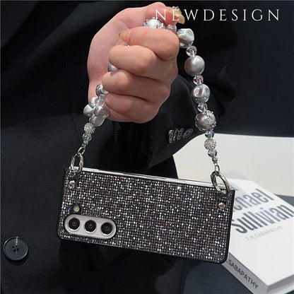 For Samsung Galaxy Z Fold6 5G Case Glitter Leather+PC Phone Cover with Beaded Strap