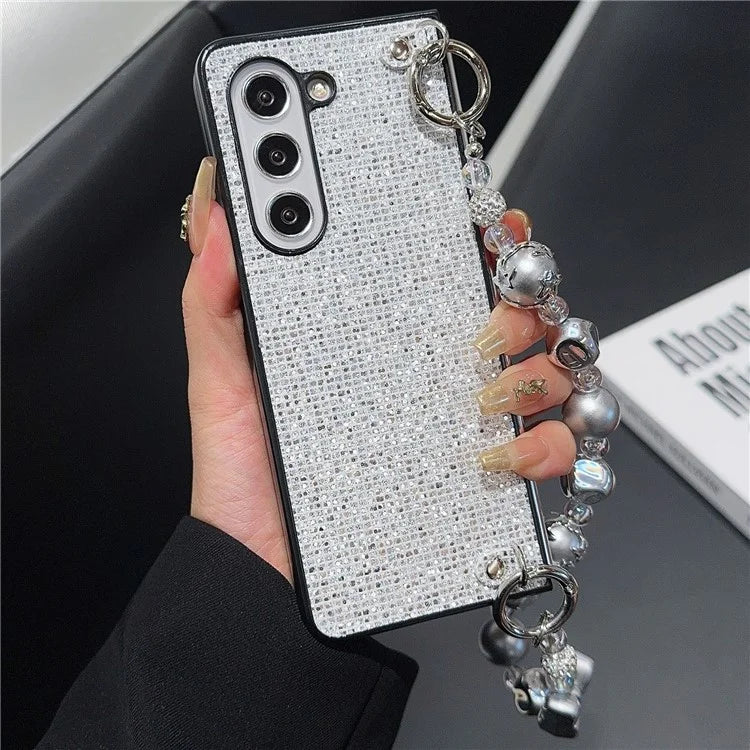 For Samsung Galaxy Z Fold6 5G Case Glitter Leather+PC Phone Cover with Beaded Strap