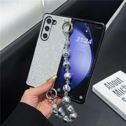 For Samsung Galaxy Z Fold6 5G Case Glitter Leather+PC Phone Cover with Beaded Strap