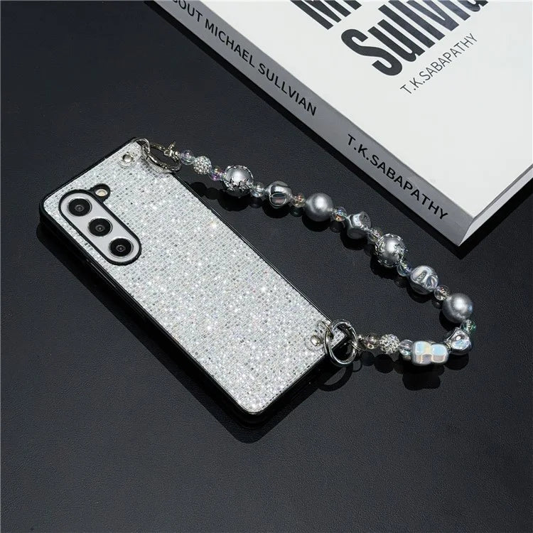 For Samsung Galaxy Z Fold6 5G Case Glitter Leather+PC Phone Cover with Beaded Strap
