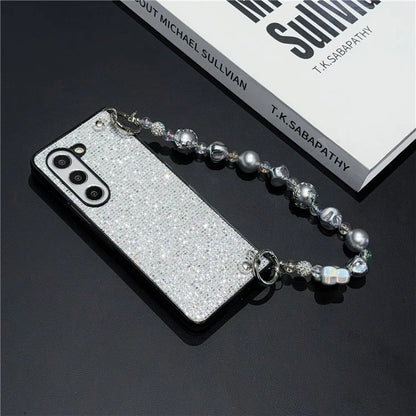 For Samsung Galaxy Z Fold6 5G Case Glitter Leather+PC Phone Cover with Beaded Strap