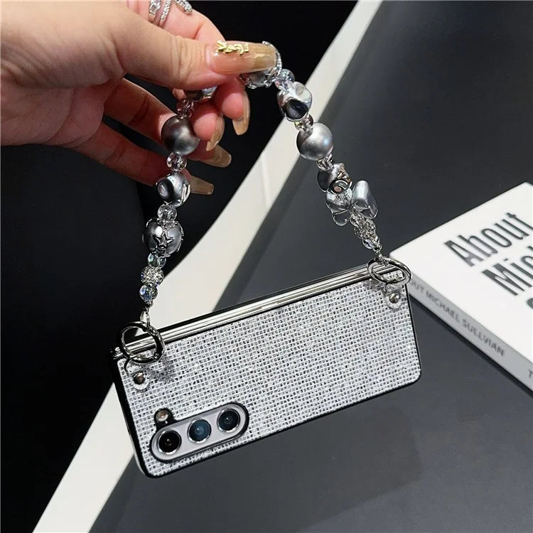 For Samsung Galaxy Z Fold6 5G Case Glitter Leather+PC Phone Cover with Beaded Strap