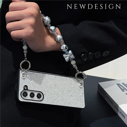 For Samsung Galaxy Z Fold6 5G Case Glitter Leather+PC Phone Cover with Beaded Strap