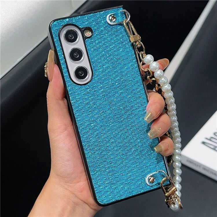 For Samsung Galaxy Z Fold6 5G Case Silk Thread Leather+PC Phone Cover with Pearl Wrist Strap