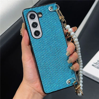 For Samsung Galaxy Z Fold6 5G Case Silk Thread Leather+PC Phone Cover with Pearl Wrist Strap