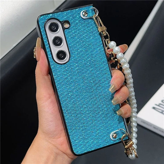 For Samsung Galaxy Z Fold6 5G Case Silk Thread Leather+PC Phone Cover with Pearl Wrist Strap