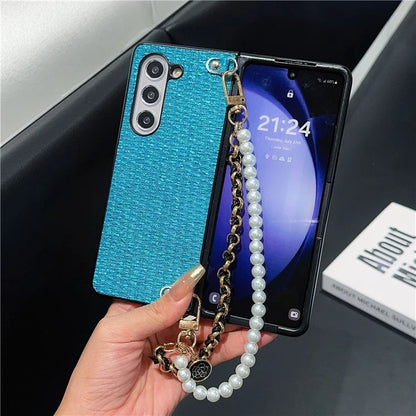For Samsung Galaxy Z Fold6 5G Case Silk Thread Leather+PC Phone Cover with Pearl Wrist Strap
