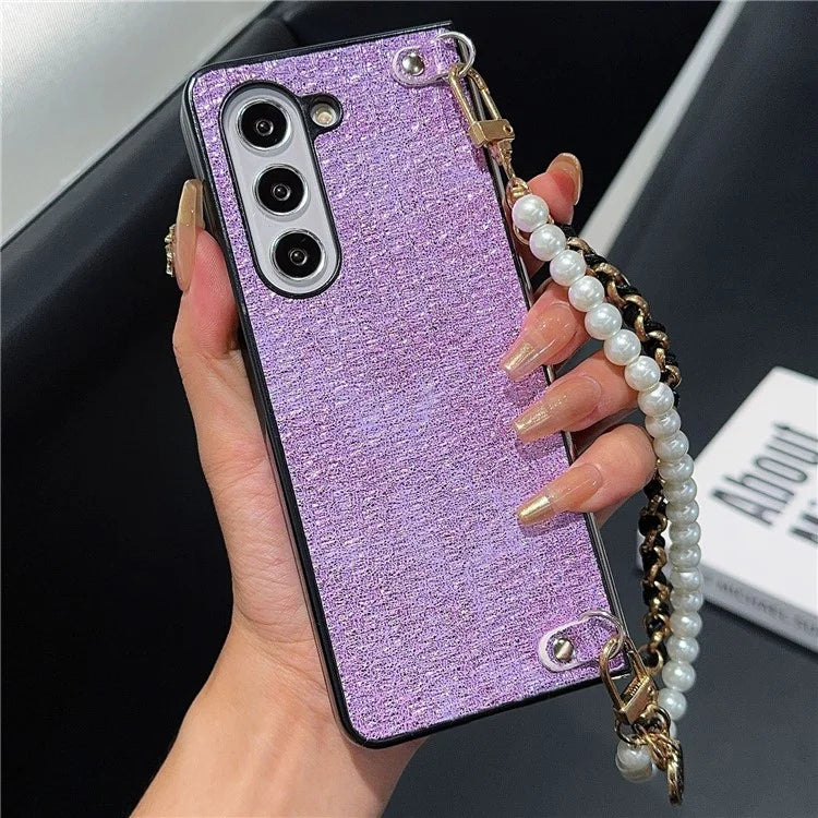 For Samsung Galaxy Z Fold6 5G Case Silk Thread Leather+PC Phone Cover with Pearl Wrist Strap