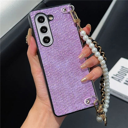 For Samsung Galaxy Z Fold6 5G Case Silk Thread Leather+PC Phone Cover with Pearl Wrist Strap