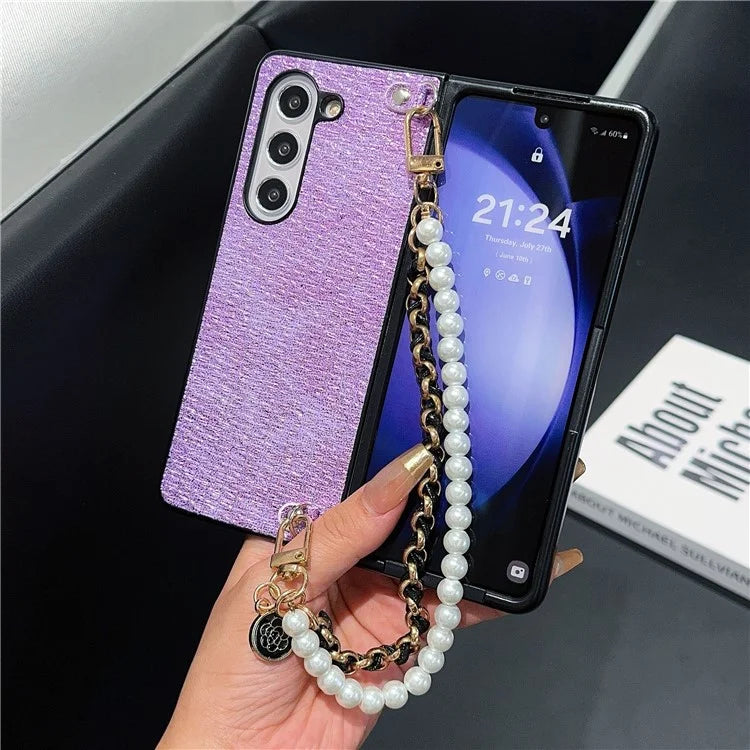 For Samsung Galaxy Z Fold6 5G Case Silk Thread Leather+PC Phone Cover with Pearl Wrist Strap