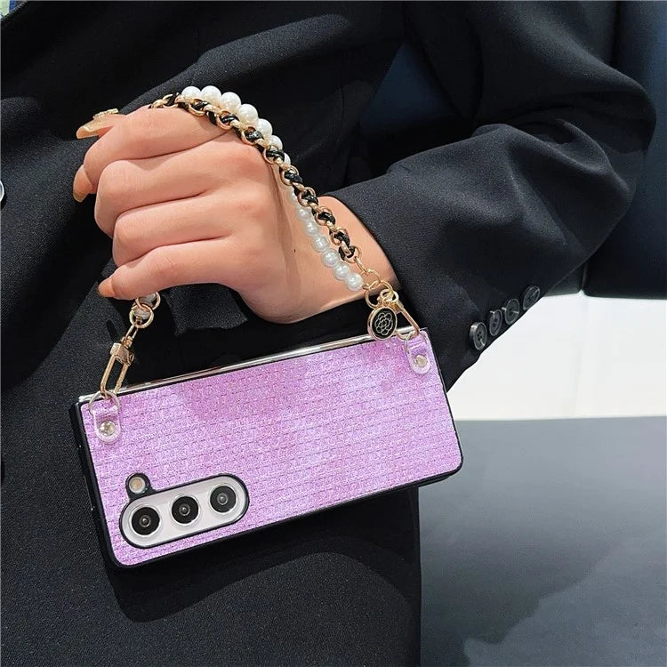 For Samsung Galaxy Z Fold6 5G Case Silk Thread Leather+PC Phone Cover with Pearl Wrist Strap