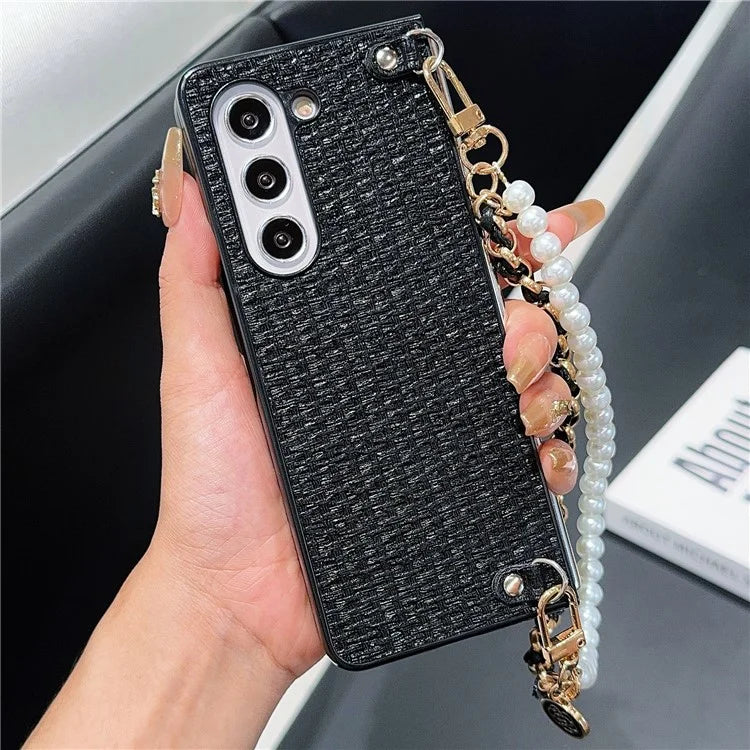 For Samsung Galaxy Z Fold6 5G Case Silk Thread Leather+PC Phone Cover with Pearl Wrist Strap