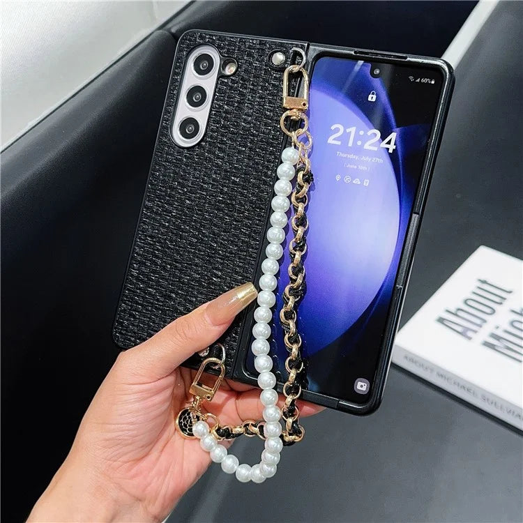 For Samsung Galaxy Z Fold6 5G Case Silk Thread Leather+PC Phone Cover with Pearl Wrist Strap