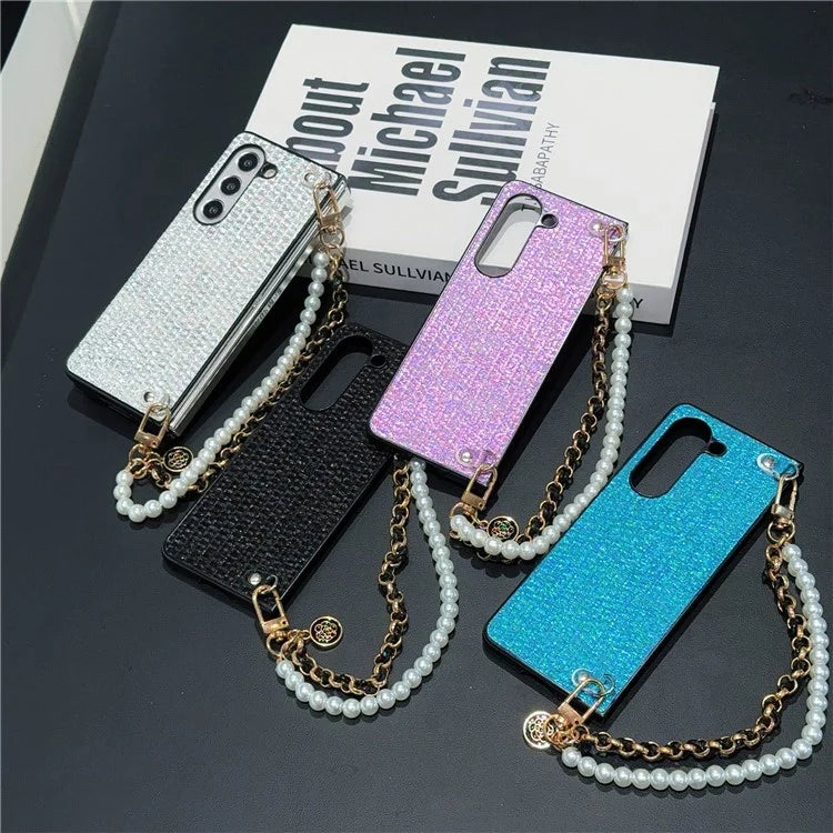 For Samsung Galaxy Z Fold6 5G Case Silk Thread Leather+PC Phone Cover with Pearl Wrist Strap