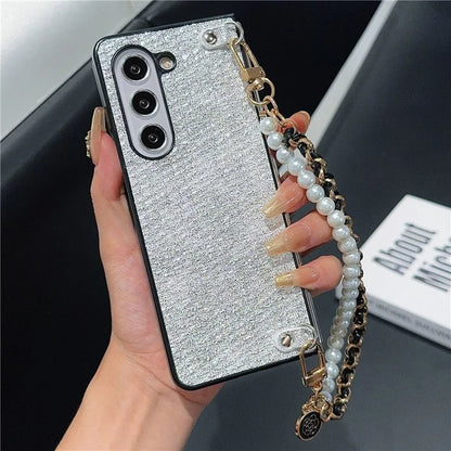 For Samsung Galaxy Z Fold6 5G Case Silk Thread Leather+PC Phone Cover with Pearl Wrist Strap