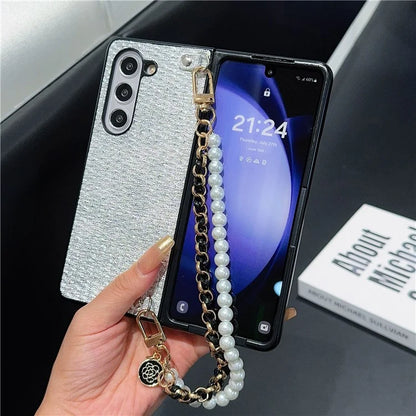 For Samsung Galaxy Z Fold6 5G Case Silk Thread Leather+PC Phone Cover with Pearl Wrist Strap