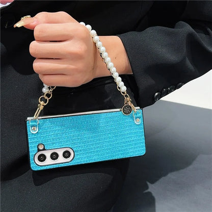 For Samsung Galaxy Z Fold6 5G Case Silk Thread Leather+PC Phone Cover with Pearl Wrist Strap
