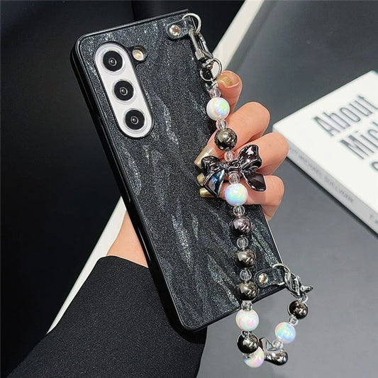 For Samsung Galaxy Z Fold6 5G Case Feather Yarn Leather+PC Phone Cover with Bow Beaded Strap