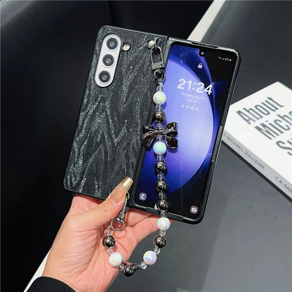 For Samsung Galaxy Z Fold6 5G Case Feather Yarn Leather+PC Phone Cover with Bow Beaded Strap