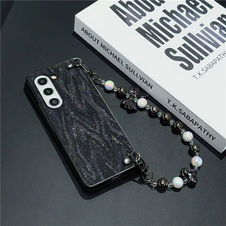 For Samsung Galaxy Z Fold6 5G Case Feather Yarn Leather+PC Phone Cover with Bow Beaded Strap