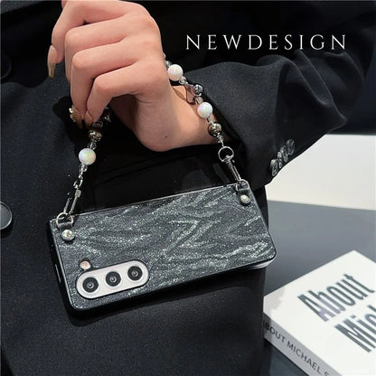 For Samsung Galaxy Z Fold6 5G Case Feather Yarn Leather+PC Phone Cover with Bow Beaded Strap
