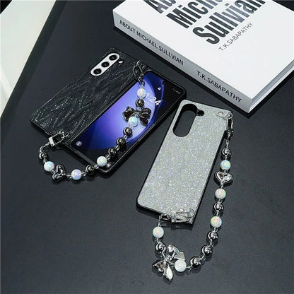 For Samsung Galaxy Z Fold6 5G Case Feather Yarn Leather+PC Phone Cover with Bow Beaded Strap