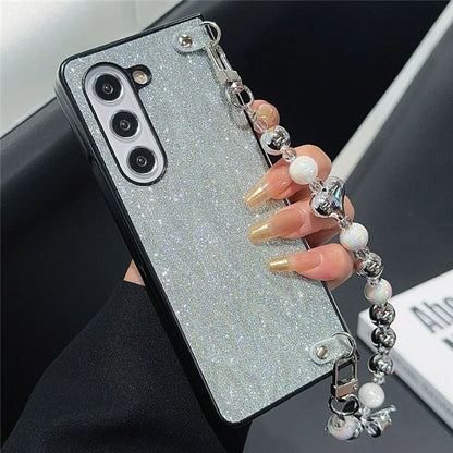 For Samsung Galaxy Z Fold6 5G Case Feather Yarn Leather+PC Phone Cover with Bow Beaded Strap