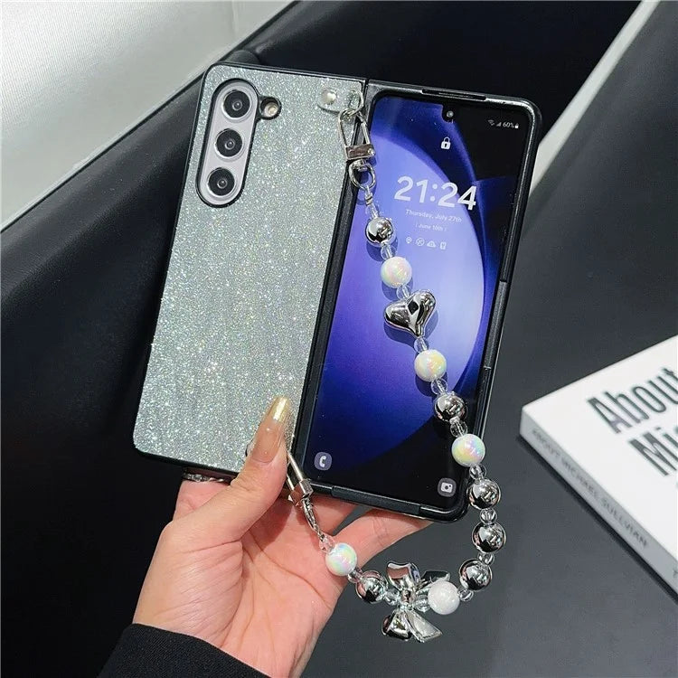For Samsung Galaxy Z Fold6 5G Case Feather Yarn Leather+PC Phone Cover with Bow Beaded Strap