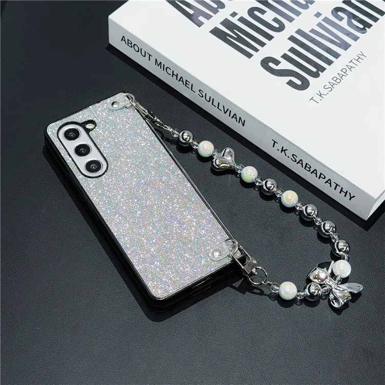 For Samsung Galaxy Z Fold6 5G Case Feather Yarn Leather+PC Phone Cover with Bow Beaded Strap