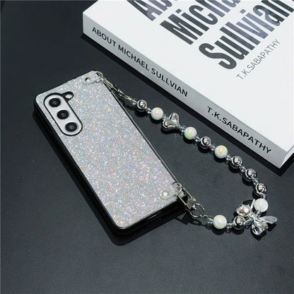 For Samsung Galaxy Z Fold6 5G Case Feather Yarn Leather+PC Phone Cover with Bow Beaded Strap