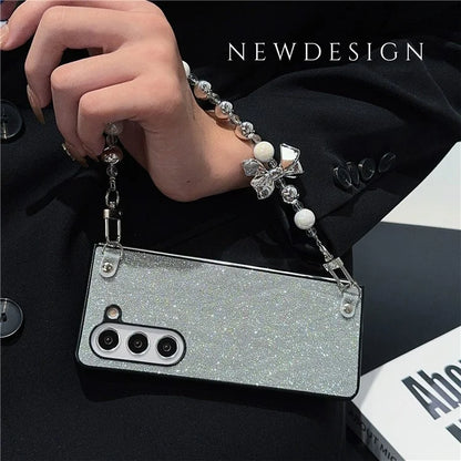 For Samsung Galaxy Z Fold6 5G Case Feather Yarn Leather+PC Phone Cover with Bow Beaded Strap