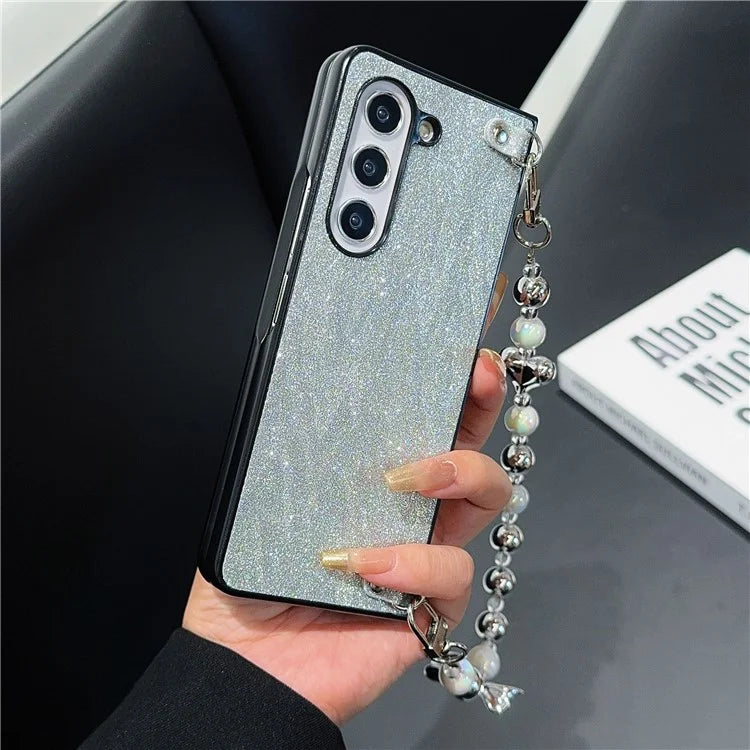 For Samsung Galaxy Z Fold6 5G Case Feather Yarn Leather+PC Phone Cover with Bow Beaded Strap