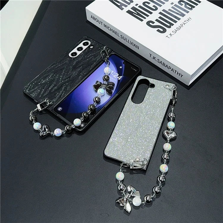 For Samsung Galaxy Z Fold6 5G Case Feather Yarn Leather+PC Phone Cover with Bow Beaded Strap