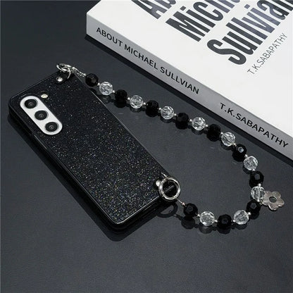 For Samsung Galaxy Z Fold6 5G Case Glitter Finish Leather+PC Phone Cover with Beaded Strap