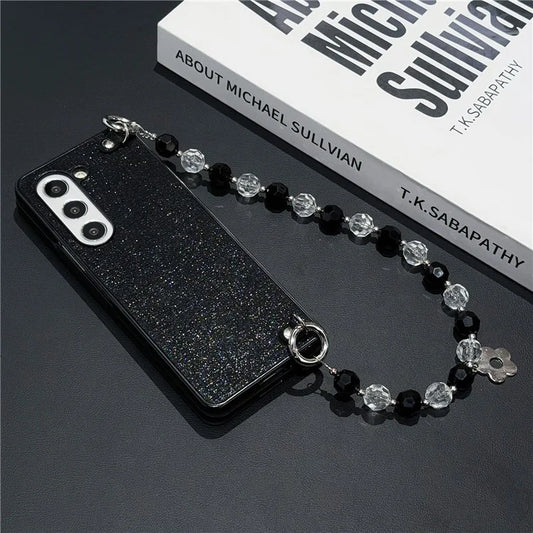 For Samsung Galaxy Z Fold6 5G Case Glitter Finish Leather+PC Phone Cover with Beaded Strap