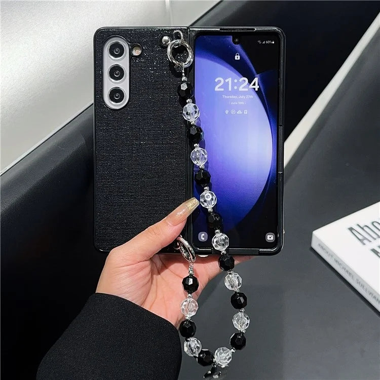 For Samsung Galaxy Z Fold6 5G Case Glitter Finish Leather+PC Phone Cover with Beaded Strap