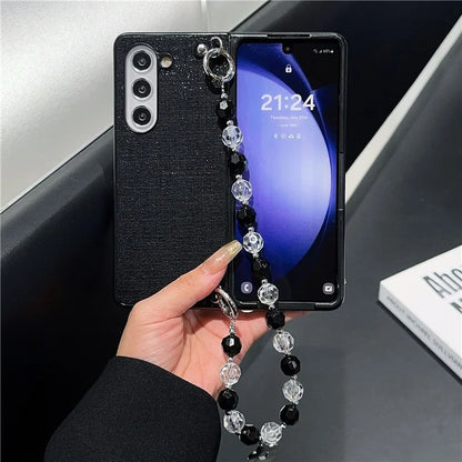 For Samsung Galaxy Z Fold6 5G Case Glitter Finish Leather+PC Phone Cover with Beaded Strap