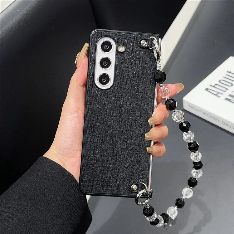 For Samsung Galaxy Z Fold6 5G Case Glitter Finish Leather+PC Phone Cover with Beaded Strap