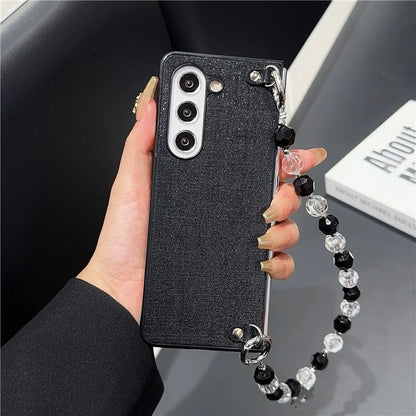 For Samsung Galaxy Z Fold6 5G Case Glitter Finish Leather+PC Phone Cover with Beaded Strap
