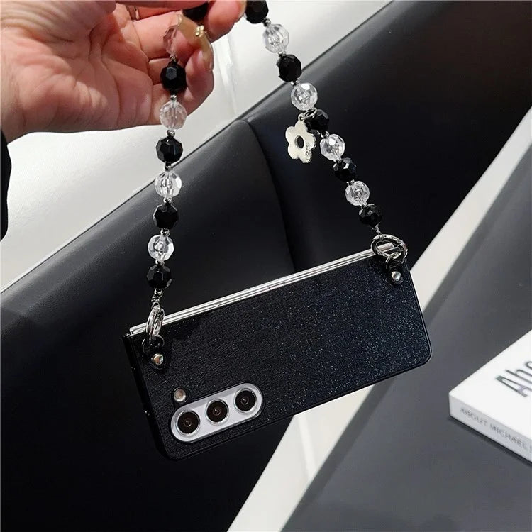 For Samsung Galaxy Z Fold6 5G Case Glitter Finish Leather+PC Phone Cover with Beaded Strap
