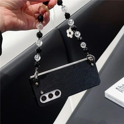 For Samsung Galaxy Z Fold6 5G Case Glitter Finish Leather+PC Phone Cover with Beaded Strap