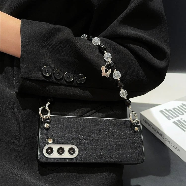 For Samsung Galaxy Z Fold6 5G Case Glitter Finish Leather+PC Phone Cover with Beaded Strap